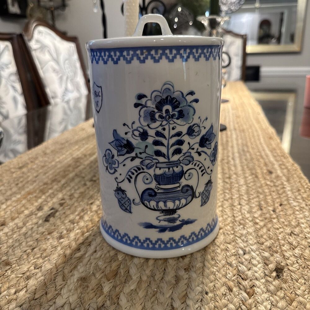 Creative Co-op Stoneware Canister White Blue And White Floral  EUC